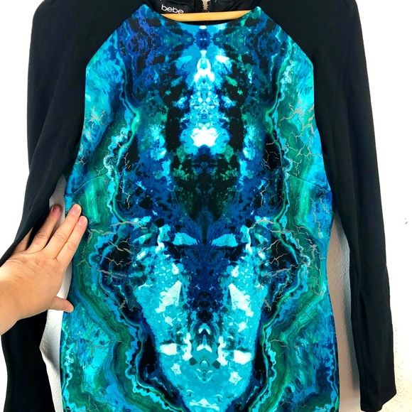 Bebe ink blot dress in blues & greens & black arms - Picture 3 of 5